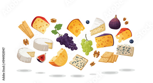 Assorted Cheese Platter with Grapes, Figs, Nuts and Crackers Floating Illustration