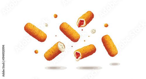 Delicious Crispy Mozzarella Cheese Sticks with Tomato Sauce Flying on White Background