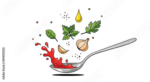 Tomato Sauce Ingredients Floating Above A Metal Spoon Illustration