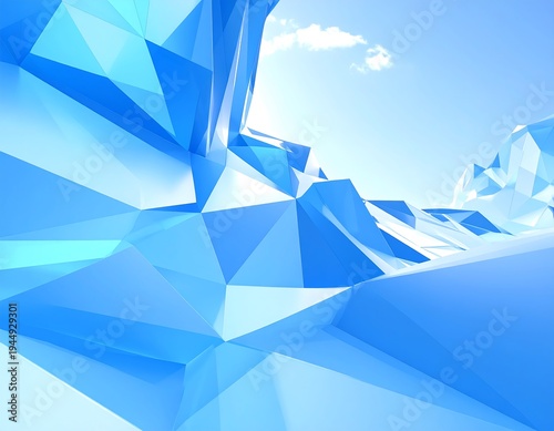 Abstract low-poly landscape, geometric blue formations under a bright sky with a single, small cloud