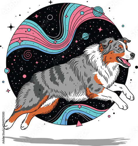 Australian Shepherd Dog Jumping Through Cosmic Space Vector Illustration with Colorful Planets Stars and Galaxy Background for Pet and Science Projects