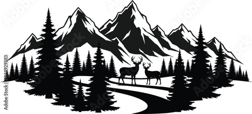 Beautiful mountain landscape vector illustration featuring majestic peaks pine tree forest wilderness and deer silhouettes for outdoor adventure nature travel and scenic background designs.
