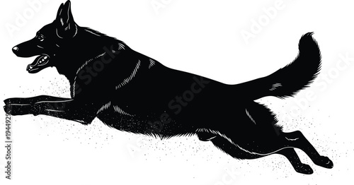 Black German Shepherd Dog Silhouette Running and Jumping in Woodcut Style Illustration Isolated on White Background for Animal Projects