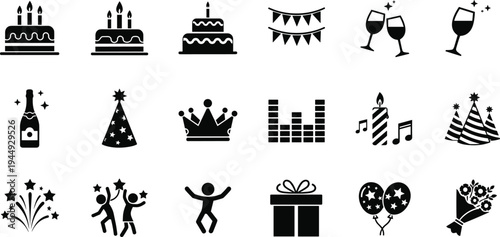 Black party and celebration icon set featuring birthday cakes, champagne bottles, gift boxes, fireworks, balloons, and decorative bunting for event graphic design.