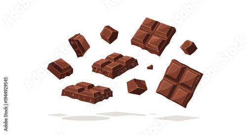 Floating Milk Chocolate Pieces and Squares Isolated on White Background