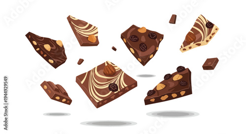 Flying Pieces of Gourmet Chocolate with Nuts and Raisins