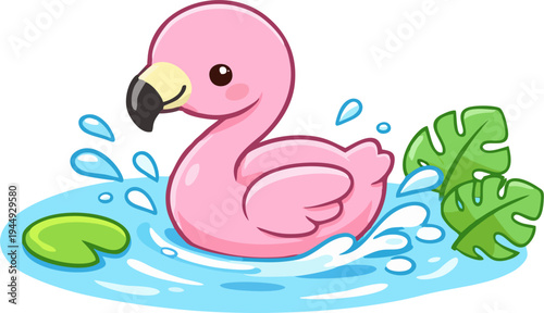 Cute Pink Flamingo Chick Splashing in Pond with Lily Pads and Tropical Leaves, Kawaii Cartoon Vector