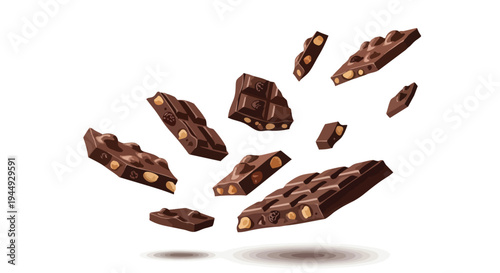 Flying Dark Chocolate Pieces with Hazelnuts and Almonds Isolated on White