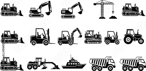 Black Vector Icons Set of Heavy Construction Machinery Including Excavator Bulldozer Forklift Crane Dump Truck Grader Tractor and Industrial Ship