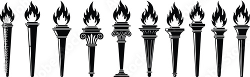 Collection of black fire burning torch silhouettes with decorative handles for sports olympic flame events victory achievement and ancient lighting symbols isolated on white background.