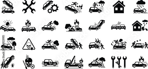 Comprehensive Set of Black Vector Icons Depicting Car Accidents Road Emergencies Vehicle Fires and Insurance Claim Scenarios for Safety Manuals and Apps
