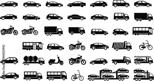 Comprehensive Vehicle Silhouette Collection Including Modern Cars Trucks Motorcycles Bicycles Buses And Commercial Logistics Transport Graphic Elements For Professional Transportation Design Projects