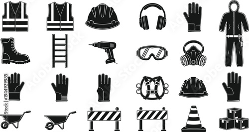 Construction Safety Equipment and Personal Protective PPE Gear Icons Set Including Helmet Gloves Vest Boots Goggles Mask and Site Warning Tools