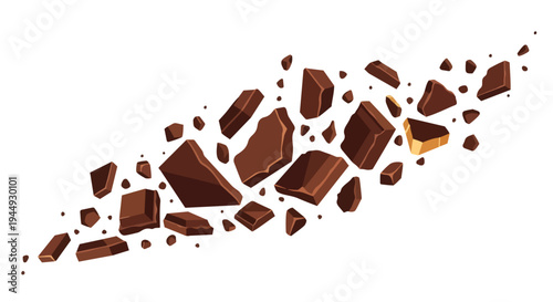 Exploding Dark Chocolate Pieces and Shards Isolated on White Background