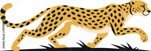 Flat vector illustration of a fast cheetah running on grass depicting speed power agility and predator strength for wildlife or business concepts