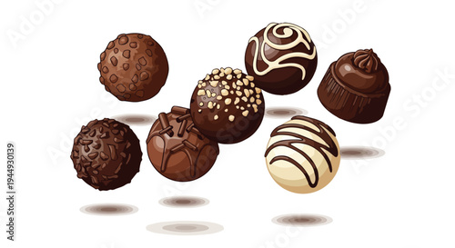 Assorted Gourmet Chocolate Truffles and Pralines Floating on White Background