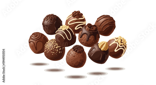 Assorted Gourmet Chocolate Truffles Floating on White Background