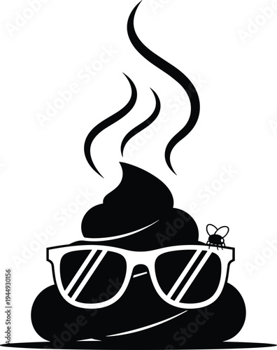 Funny Poop Emoji Silhouette Wearing Sunglasses with a Fly and Steam Clouds Isolated Vector Illustration for Humorous and Quirky Design Projects