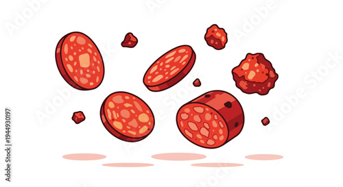 Cartoon Style Sliced Pepperoni Sausage Pieces Flying Isolated on White Background