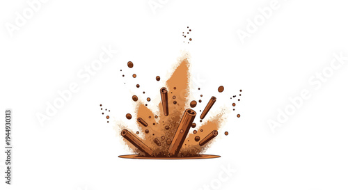 Cinnamon Sticks Explosion with Powder Dusting Isolated on White Background