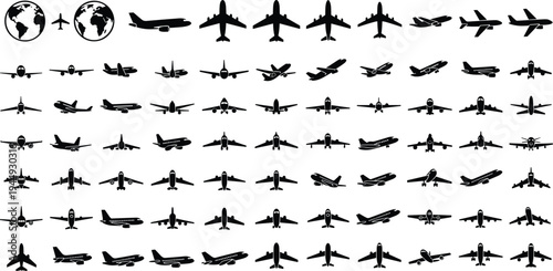 Large collection of airplane silhouette icons for global travel and aviation industry designs featuring various jet aircraft models and earth globe symbols.