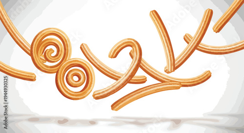 Fresh Crispy Churros Flying in Motion on White Background