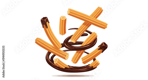 Delicious Churros with Chocolate Sauce Flying Illustration
