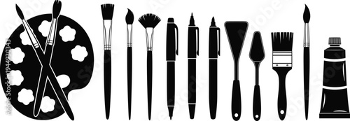 Large collection of art supply silhouette icons featuring paint brushes palette palette knives markers and paint tubes for fine art education creative hobby and studio design.