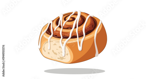 Fresh Cinnamon Roll with White Glaze Icing Isolated on White Background