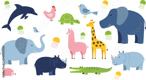 Large Collection of Cute Cartoon Animals Including Elephants Giraffes Rhinos and Sea Creatures Perfect for Children Education and Nursery Room Decor