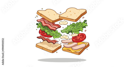 Exploded View Illustration of a Delicious Club Sandwich with Floating Ingredients