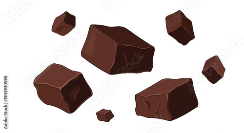 Falling Dark Chocolate Chunks Isolated on White Background