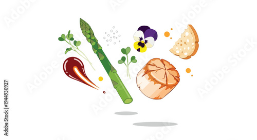 Gourmet Scallop Dish Ingredients Illustration with Asparagus and Edible Flowers
