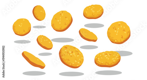 Flying Crispy Chicken Nuggets Isolated on White Background