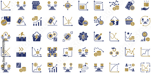 Market Equilibrium two-tone style icon collection. Vector illustrations. Monitoring, Supply and Demand Curve, Equilibrium Point, Price Balance Scale. Professional vectors.