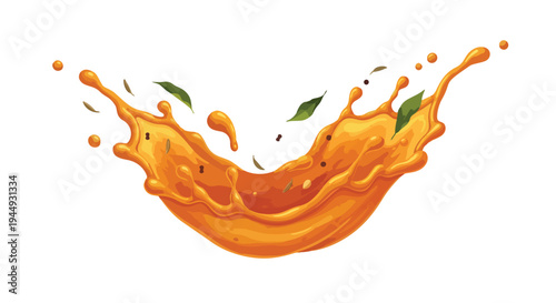 Fresh Orange Juice Splash with Green Leaves Isolated on White Background