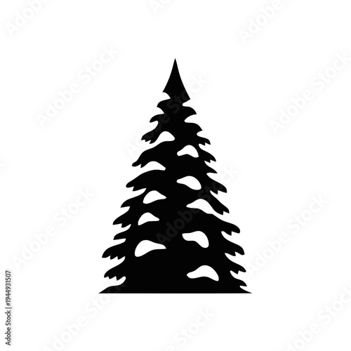 Evergreen pine tree silhouette, stylized with snow accents, presents a classic conical shape against a neutral backdrop for design use.