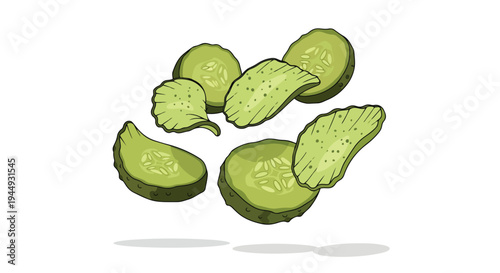 Hand Drawn Illustration of Fresh Cucumber Slices Floating