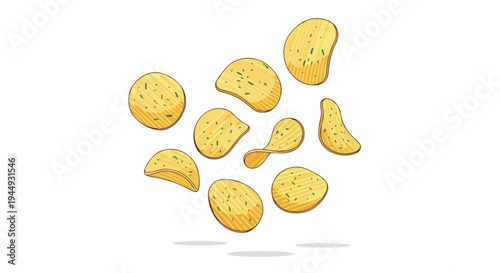 Hand Drawn Illustration of Falling Potato Chips Isolated on White