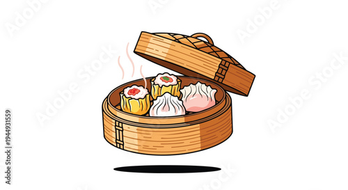 Steaming Dim Sum Dumplings in Traditional Bamboo Basket
