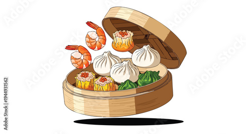 Steamed Dim Sum and Shrimp in Bamboo Basket