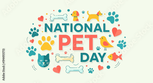 National Pet Day Cute Pet Icons Circle Composition Colorful Flat Vector Illustration