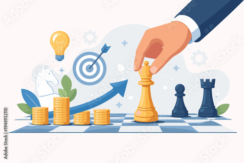 Business Strategy Concept with Businessman Hand Moving Chess King Piece on Board for Success, Strategic Planning, Financial Growth, Goal Achievement, Creative Idea, and Leadership Illustration