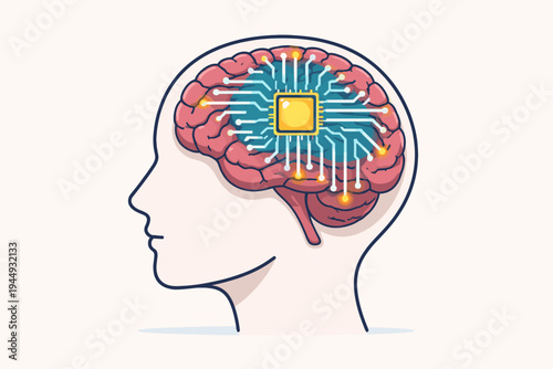 Artificial Intelligence Concept with a Computer Chip Implanted in a Human Brain, Neural Interface Technology, Brain-Computer Link, Digital Mind, Cyborg and Neuroscience Illustration Vector.