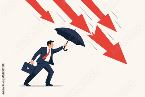 Businessman in Suit Holding Umbrella to Protect Himself from Falling Red Arrows Representing Economic Crisis, Financial Risk Management, Business Resilience, and Market Volatility Protection.