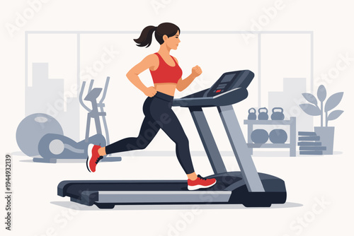 Young athletic woman running on a treadmill in a modern fitness gym. Healthy lifestyle, cardio workout, and weight loss concept. Flat vector illustration with gym equipment in the background.