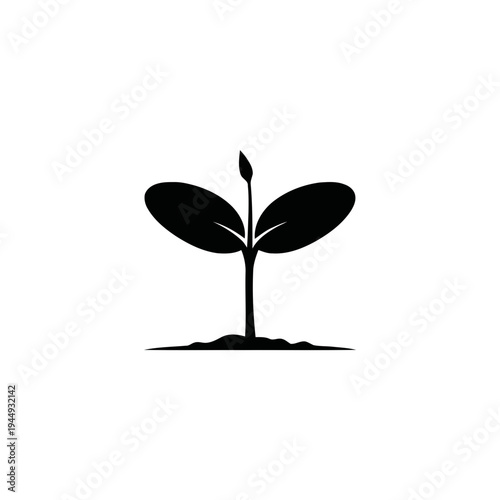 A solitary seedling sprouts upward from a mound of dark earth, featuring two prominent leaves and a central shoot in a bold graphic style.