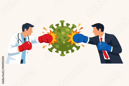 Vector illustration of a doctor in a white lab coat and a businessman in a suit wearing boxing gloves to punch a green coronavirus molecule, symbolizing the global fight against the pandemic.