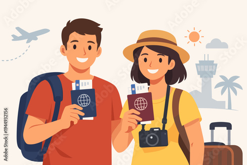 Vector Illustration of a Happy Young Man and Woman Couple Holding Passports and Airline Tickets Ready for a Safe Journey at the Airport with Suitcase, Camera, and Backpack for Summer Vacation.
