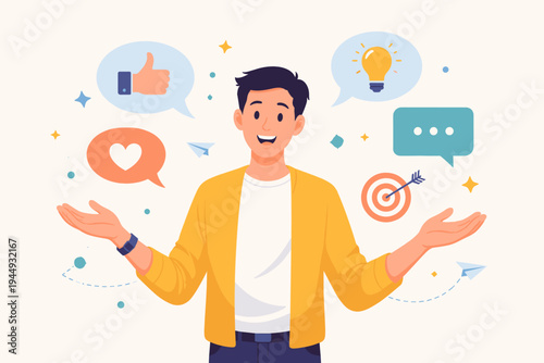 Smiling Young Man Open for Feedback and New Ideas Vector Illustration Featuring Thumbs Up Heart Lightbulb Speech Bubble and Target Icons for Social Media Marketing and Communication Concept
